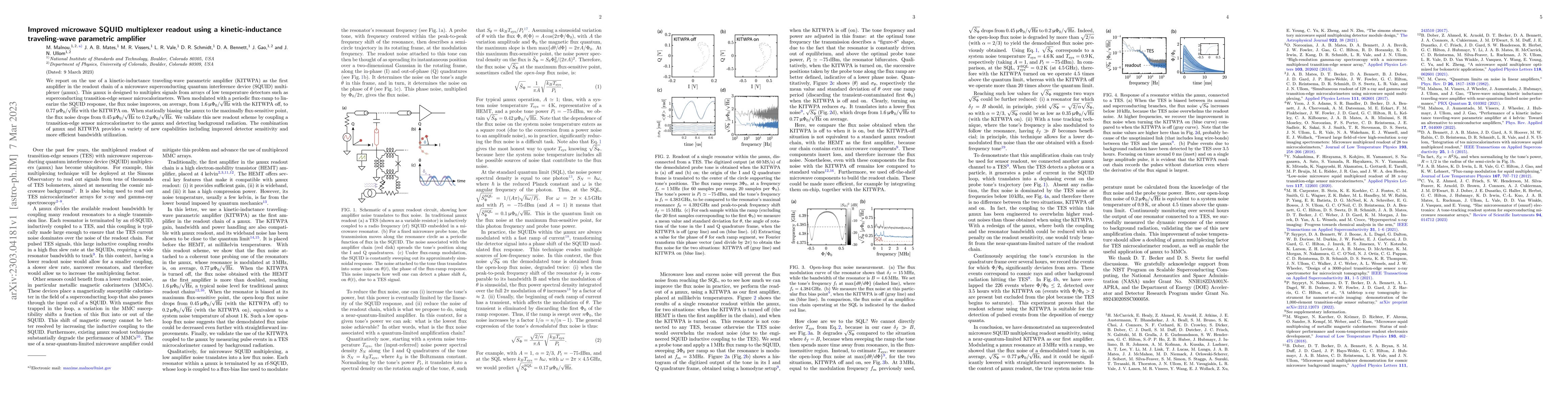 Thumbnail for Improved microwave SQUID multiplexer readout using a kinetic-inductance
  traveling-wave parametric amplifier