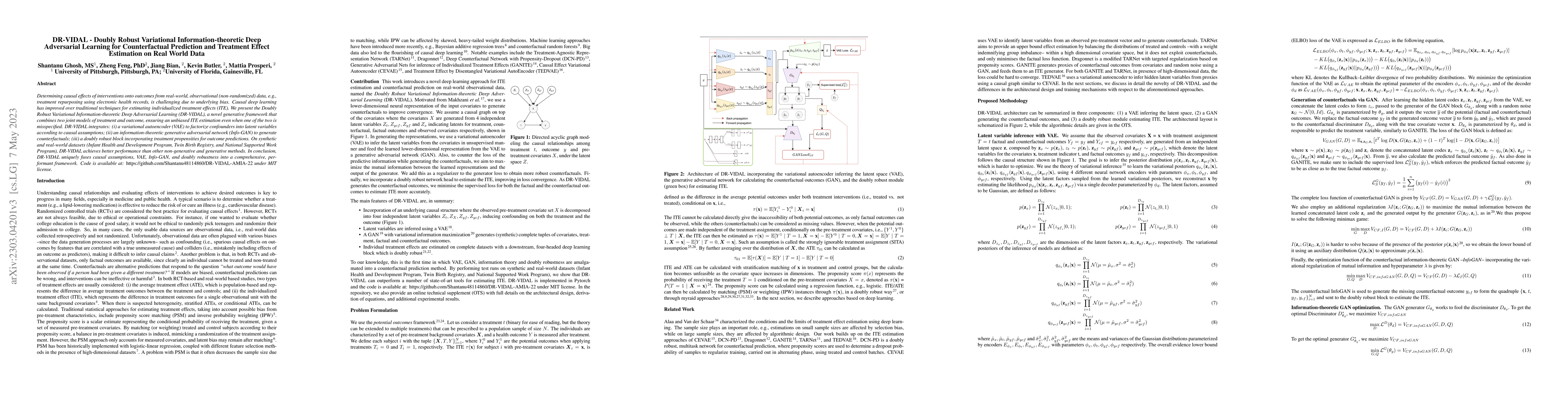 Thumbnail for DR-VIDAL -- Doubly Robust Variational Information-theoretic Deep
  Adversarial Learning for Counterfactual Prediction and Treatment Effect
  Estimation on Real World Data