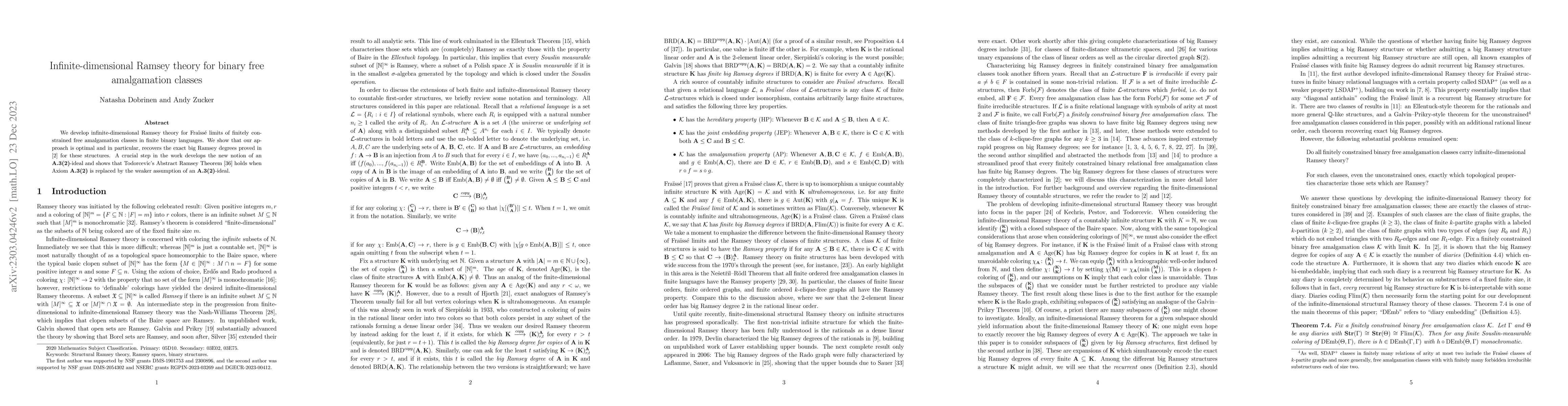 Thumbnail for Infinite-dimensional Ramsey theory for binary free amalgamation classes