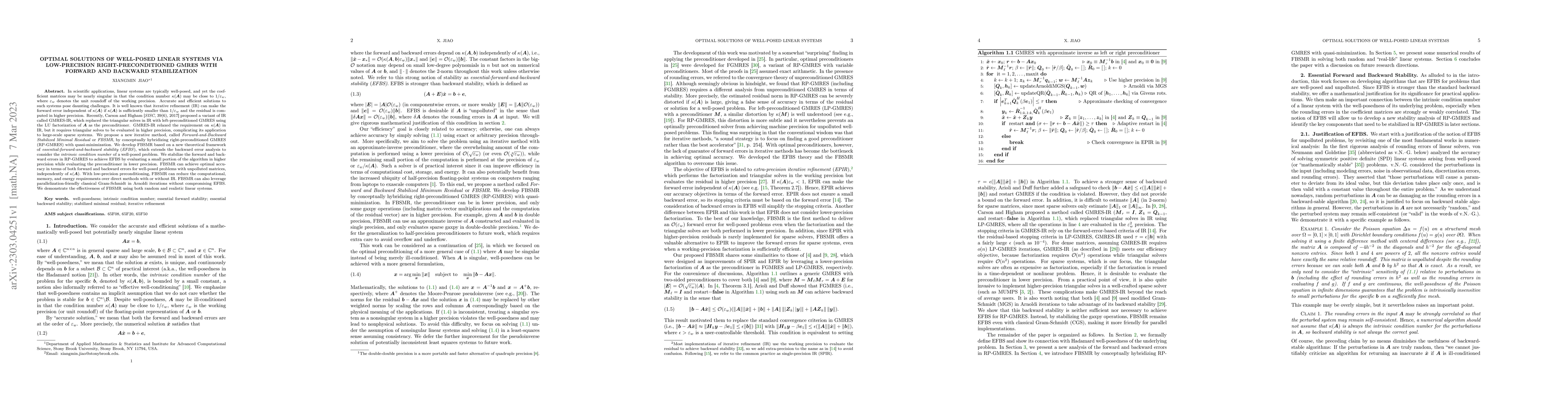 Thumbnail for Optimal Solutions of Well-Posed Linear Systems via Low-Precision
  Right-Preconditioned GMRES with Forward and Backward Stabilization