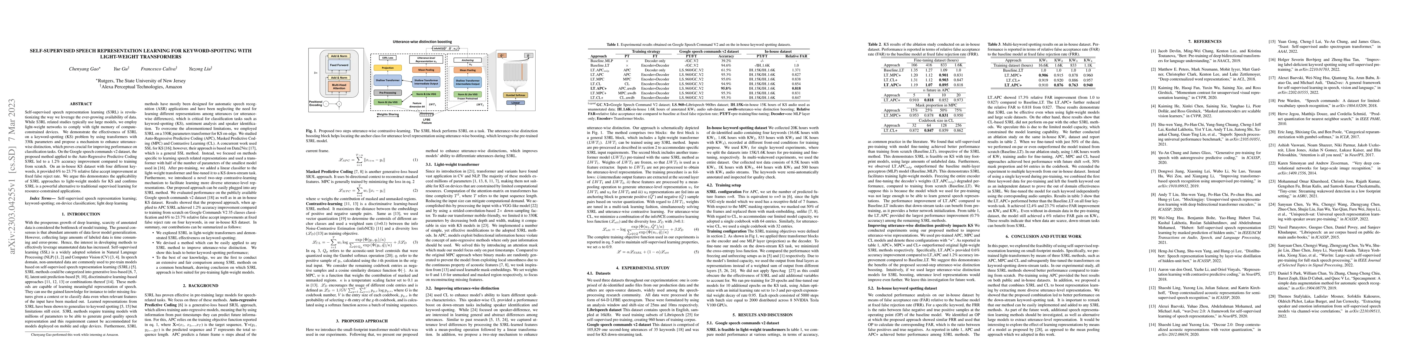 Thumbnail for Self-supervised speech representation learning for keyword-spotting with
  light-weight transformers
