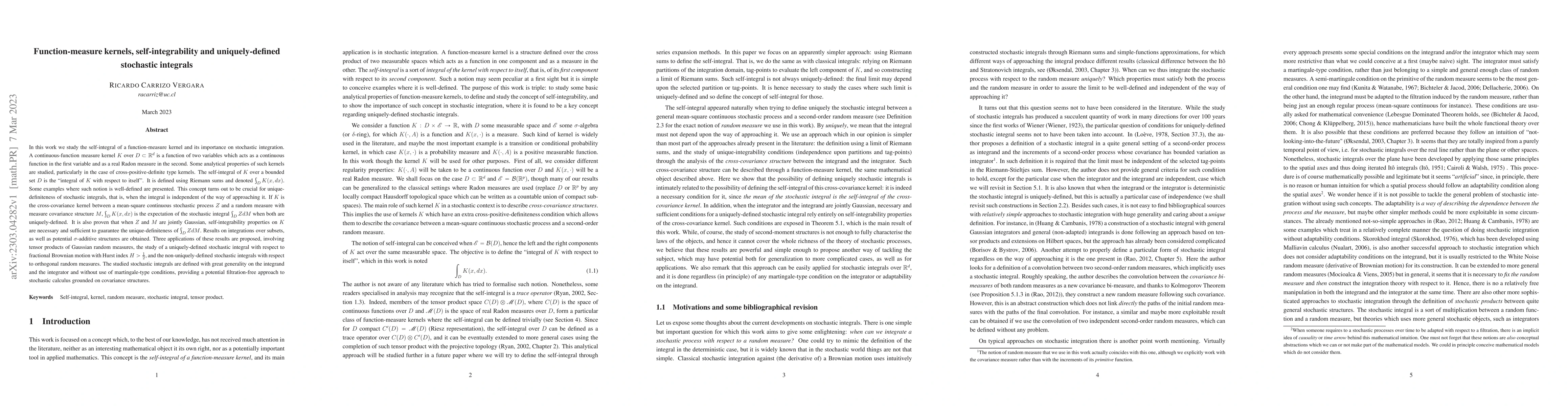 Thumbnail for Function-measure kernels, self-integrability and uniquely-defined
  stochastic integrals