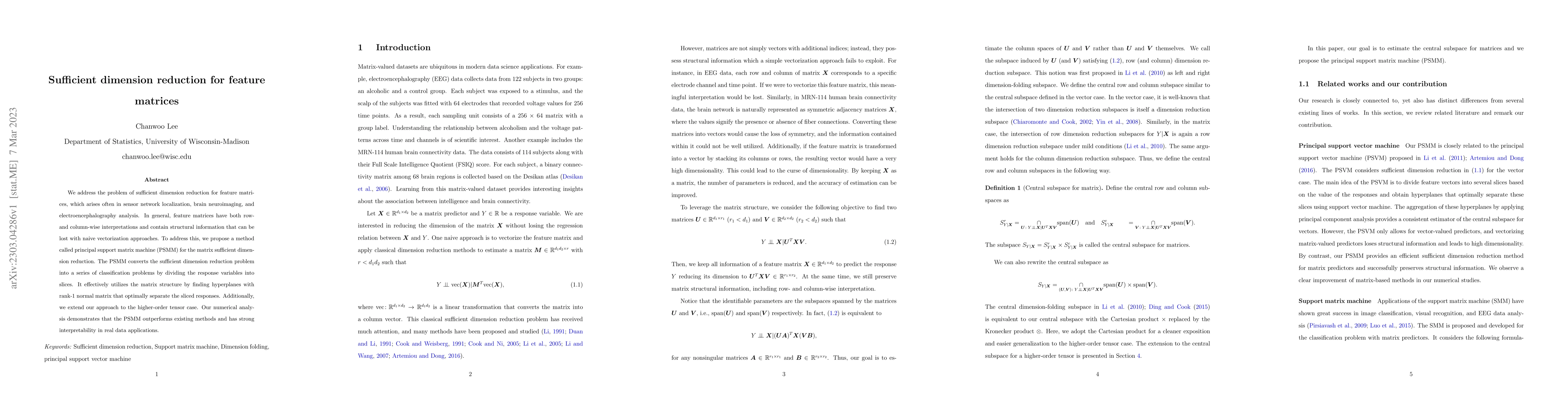 Thumbnail for Sufficient dimension reduction for feature matrices