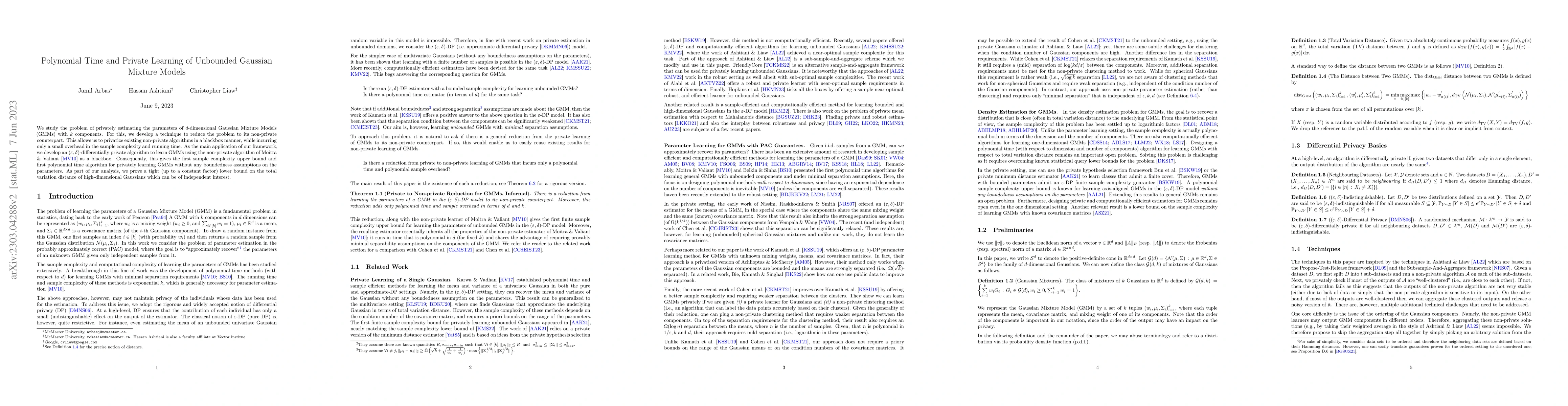 Thumbnail for Polynomial Time and Private Learning of Unbounded Gaussian Mixture
  Models