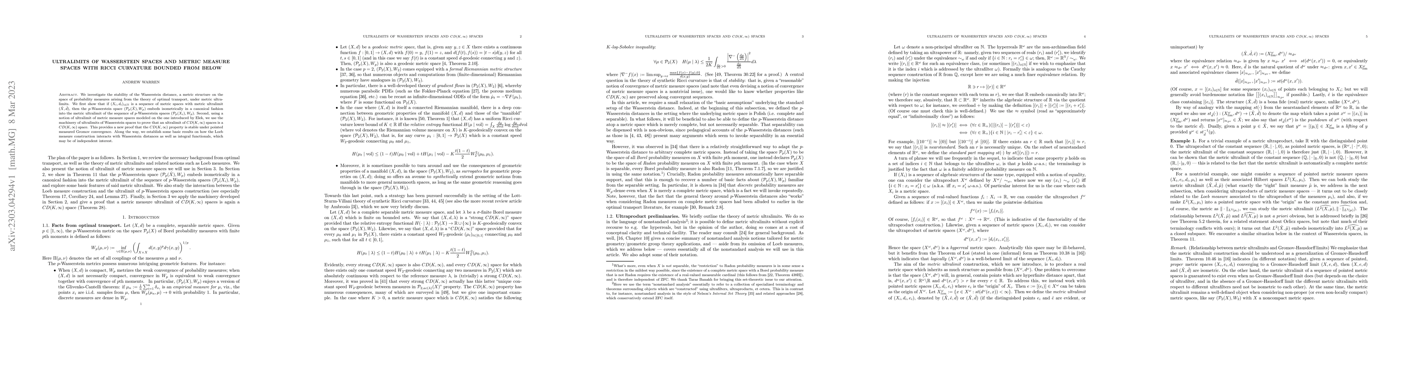 Thumbnail for Ultralimits of Wasserstein spaces and metric measure spaces with Ricci
  curvature bounded from below