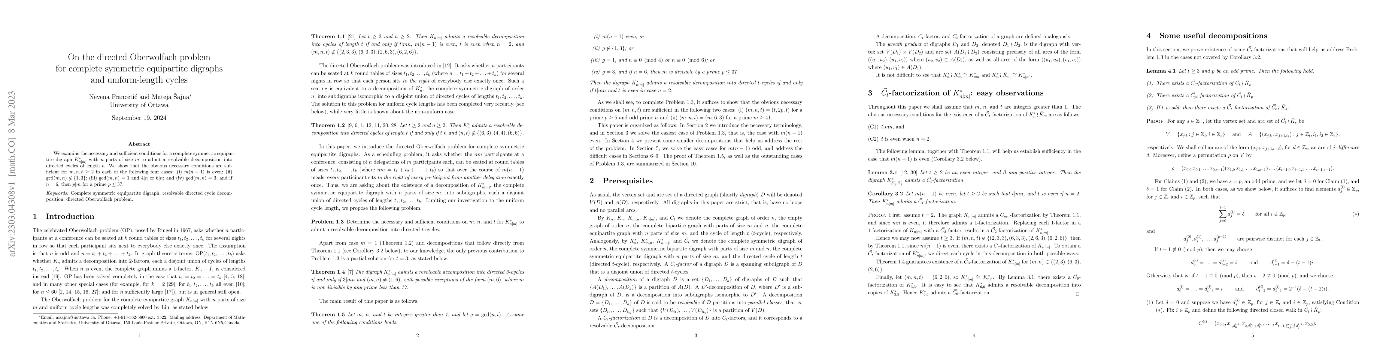 Thumbnail for On the directed Oberwolfach problem for complete symmetric equipartite
  digraphs and uniform-length cycles