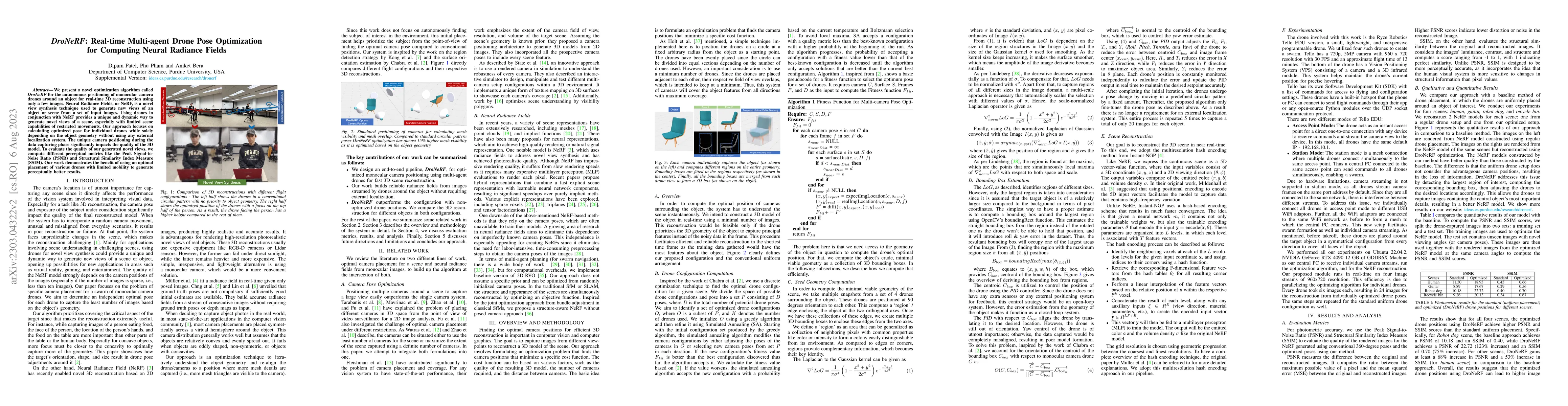 Thumbnail for DroNeRF: Real-time Multi-agent Drone Pose Optimization for Computing
  Neural Radiance Fields