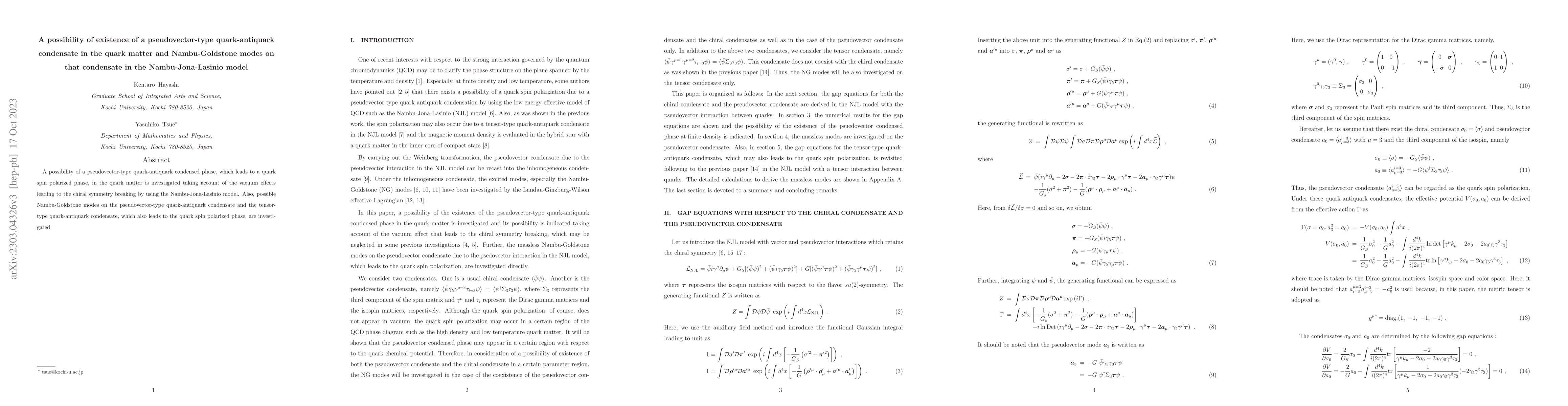 Thumbnail for A possibility of existence of a pseudovector-type quark-antiquark
  condensate in the quark matter and Nambu-Goldstone modes on that condensate
  in the Nambu-Jona-Lasinio model