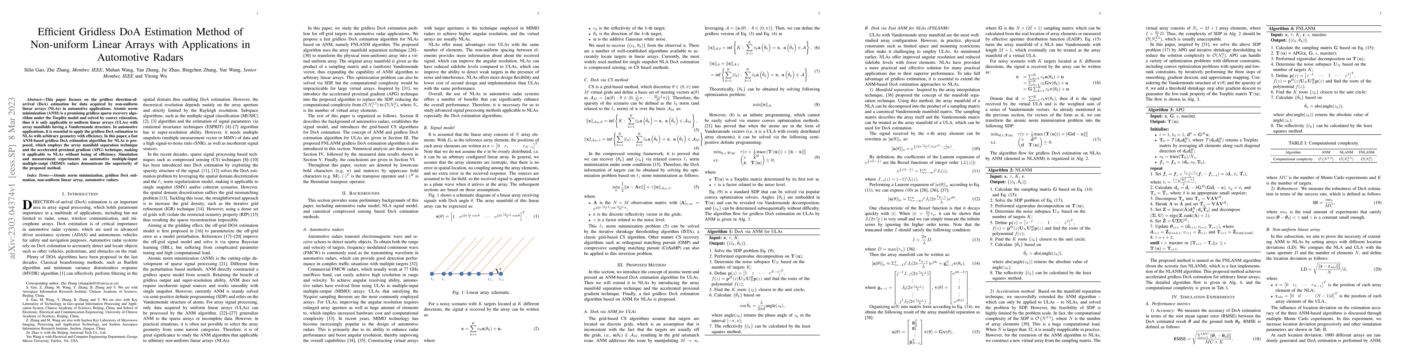 Thumbnail for Efficient Gridless DoA Estimation Method of Non-uniform Linear Arrays
  with Applications in Automotive Radars