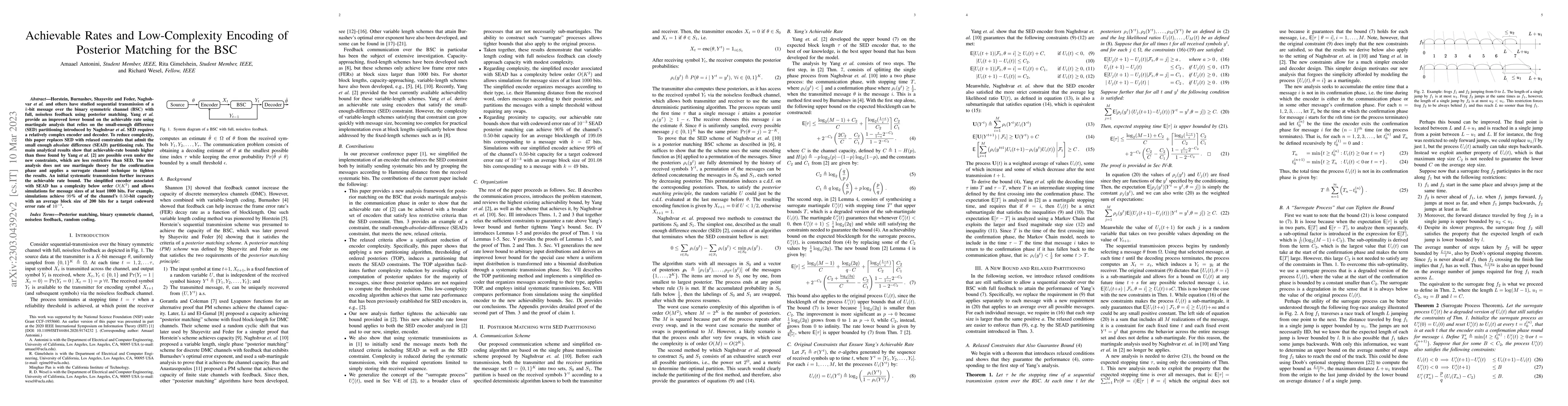 Thumbnail for Achievable Rates and Low-Complexity Encoding of Posterior Matching for
  the BSC
