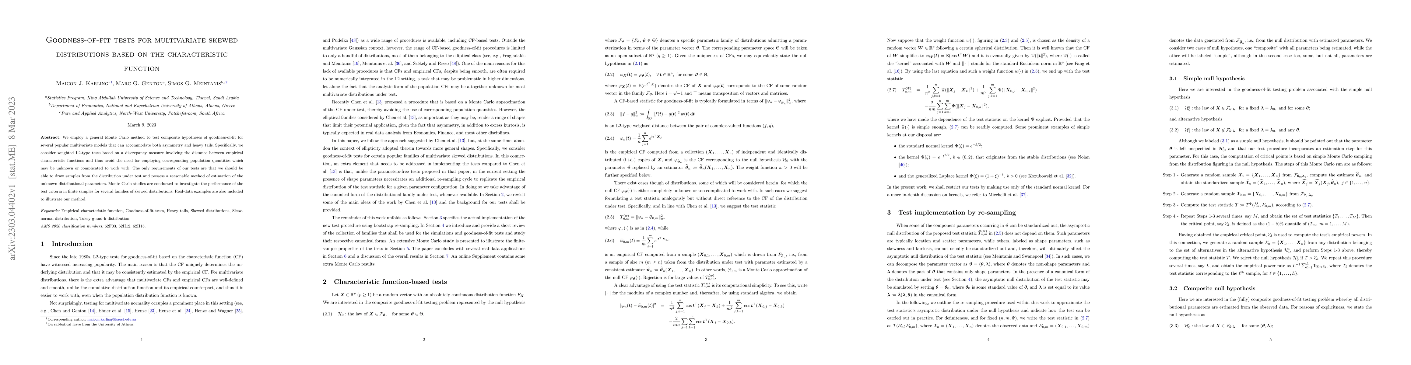 Thumbnail for Goodness-of-fit tests for multivariate skewed distributions based on the
  characteristic function