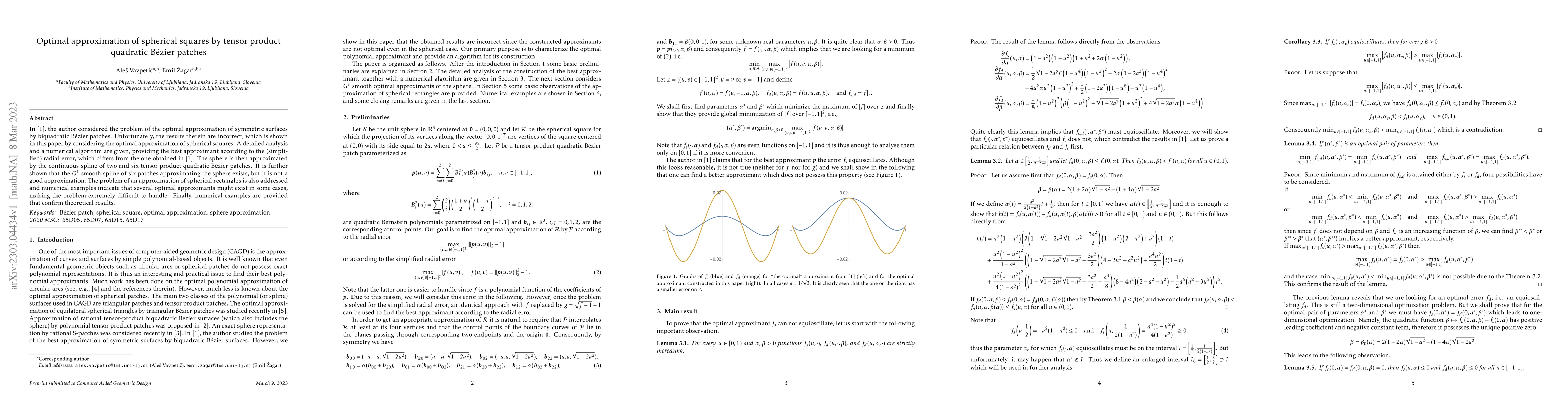 Thumbnail for Optimal approximation of spherical squares by tensor product quadratic
  B\'ezier patches