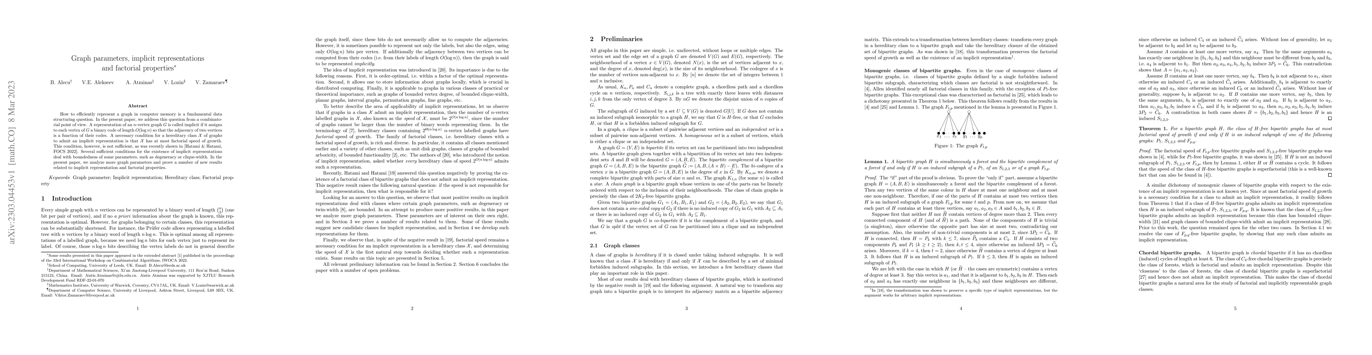 Thumbnail for Graph parameters, implicit representations and factorial properties