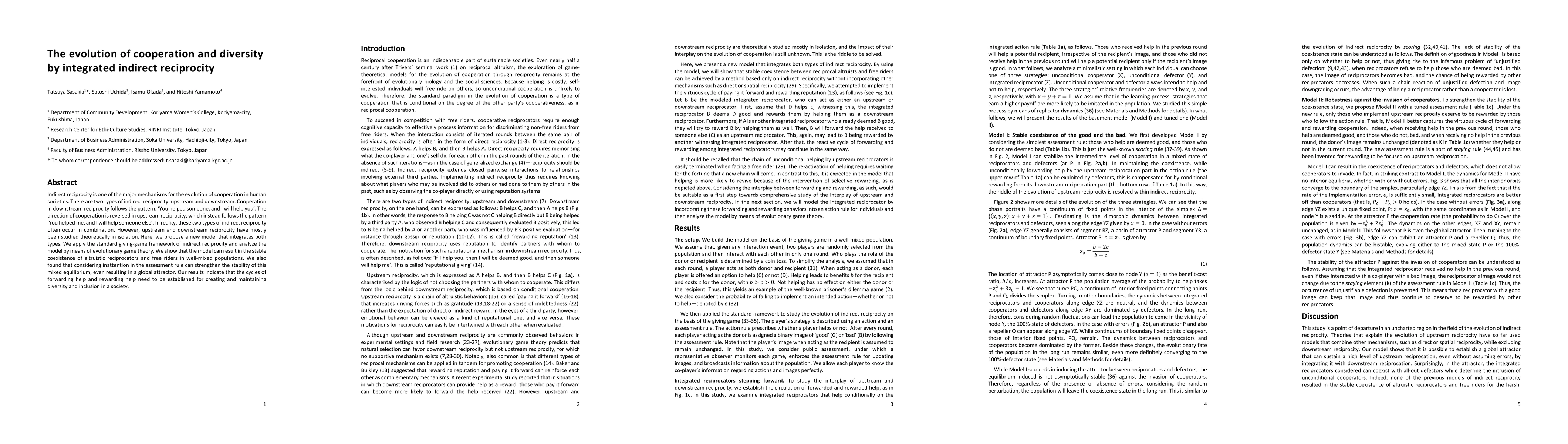 Thumbnail for The evolution of cooperation and diversity by integrated indirect
  reciprocity