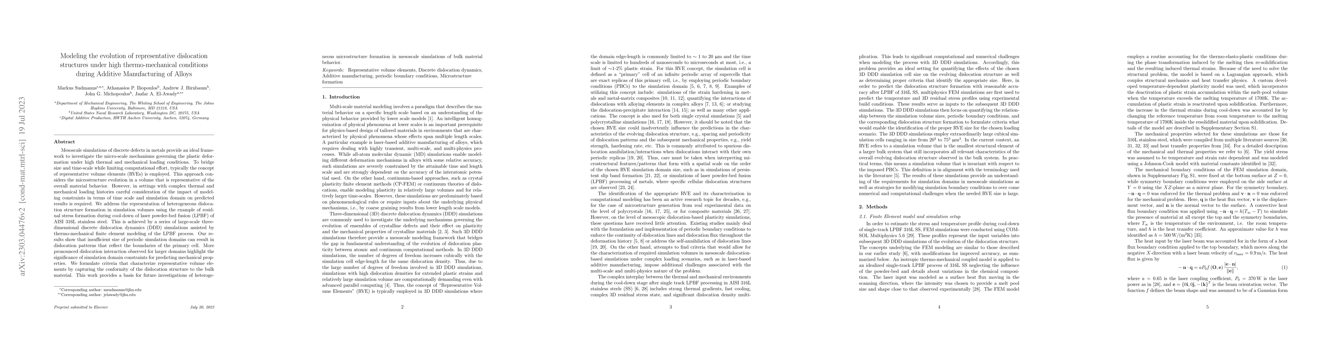 Thumbnail for Modeling the evolution of representative dislocation structures under
  high thermo-mechanical conditions during Additive Manufacturing of Alloys