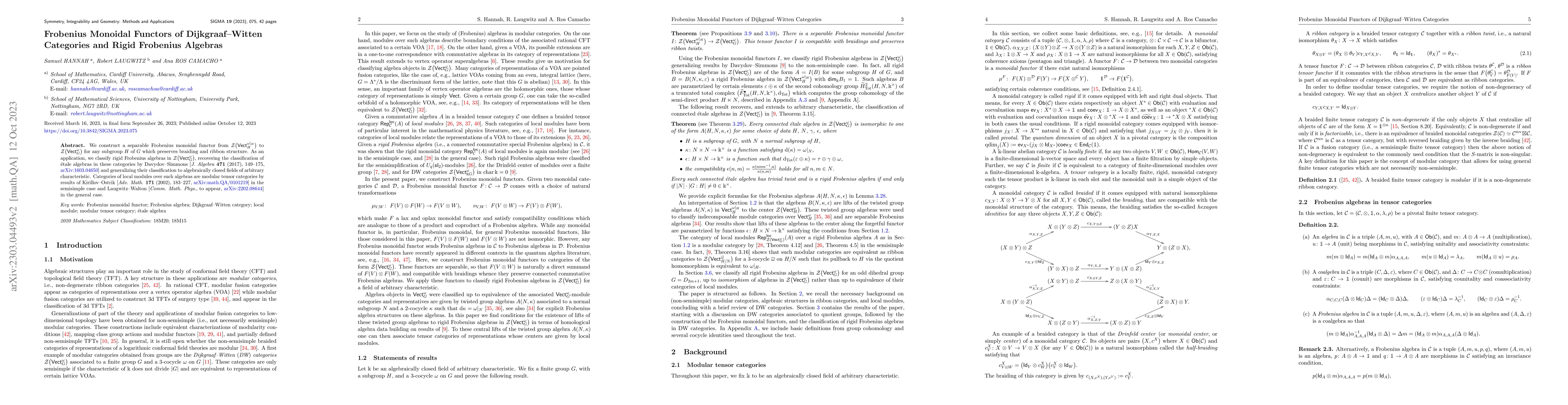 Thumbnail for Frobenius Monoidal Functors of Dijkgraaf-Witten Categories and Rigid
  Frobenius Algebras