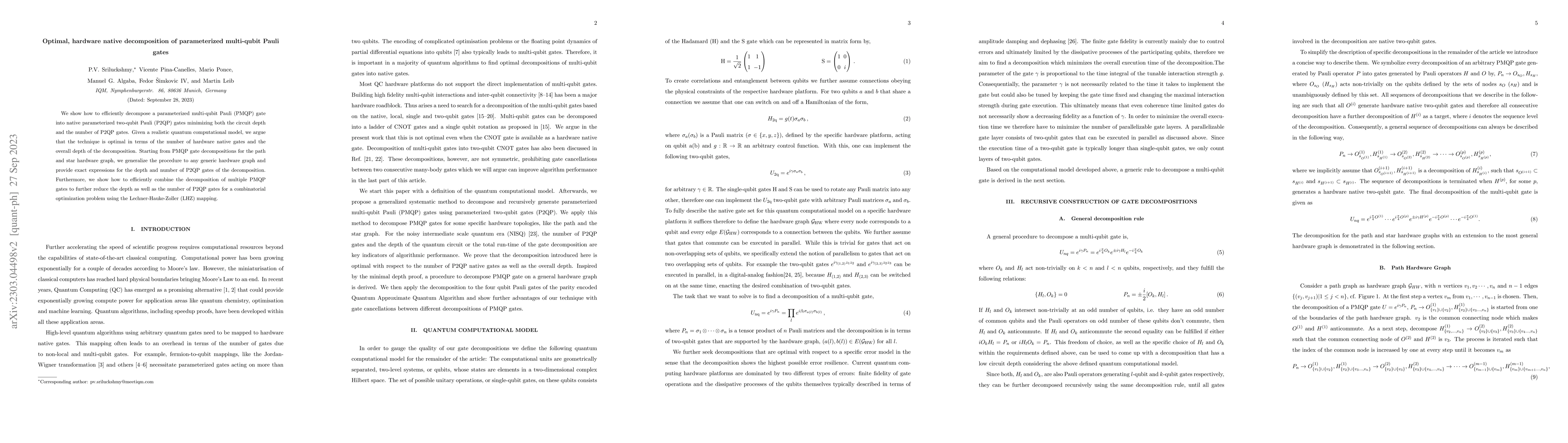 Thumbnail for Optimal, hardware native decomposition of parameterized multi-qubit
  Pauli gates