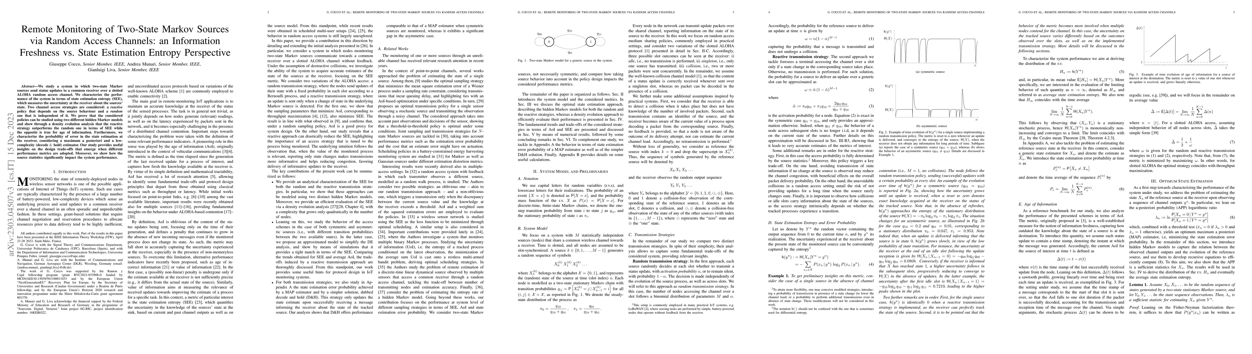 Thumbnail for Remote Monitoring of Two-State Markov Sources via Random Access
  Channels: an Information Freshness vs. State Estimation Entropy Perspective