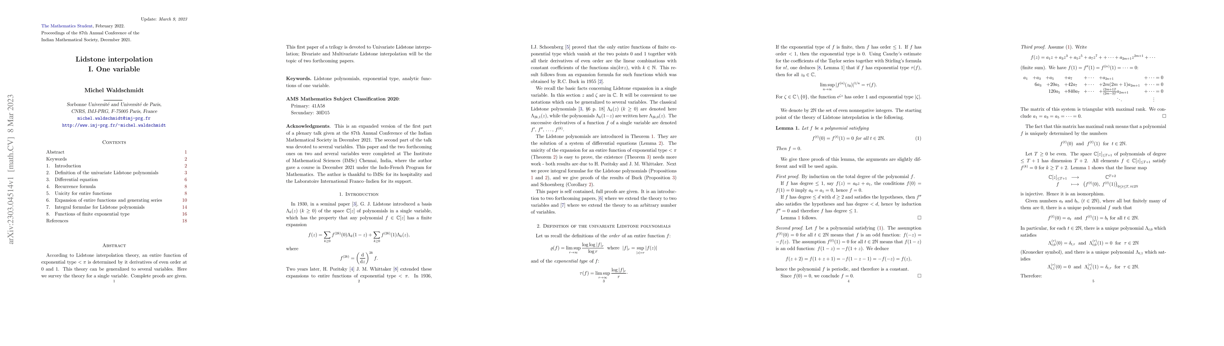 Thumbnail for Lidstone interpolation I. One variable
