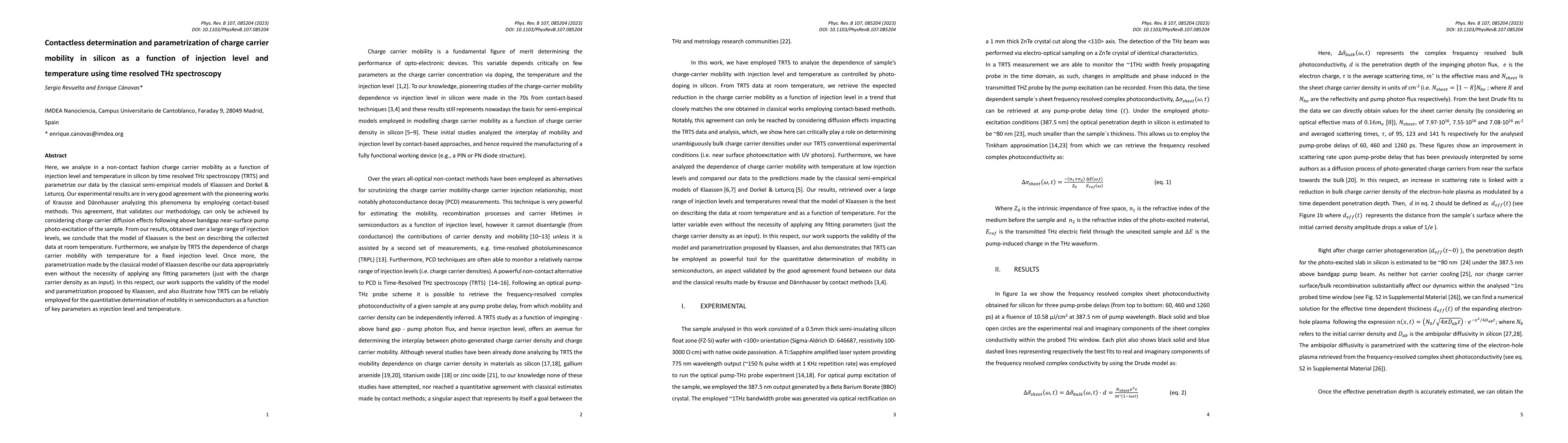 Thumbnail for Contactless determination and parametrization of charge carrier mobility
  in silicon as a function of injection level and temperature using
  time-resolved THz spectroscopy