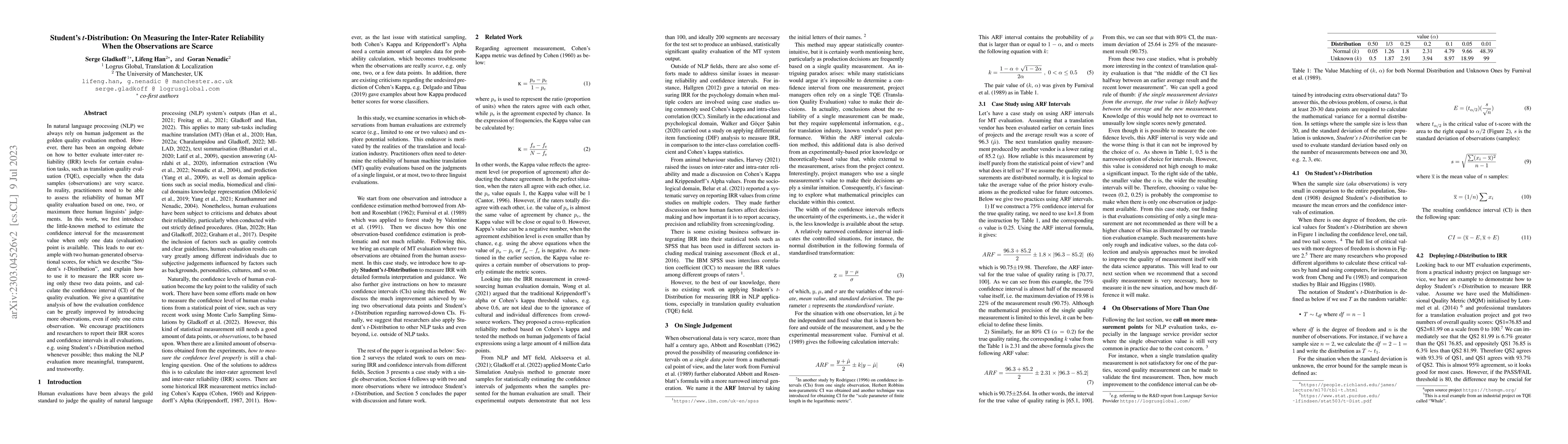 Thumbnail for Student's t-Distribution: On Measuring the Inter-Rater Reliability When
  the Observations are Scarce