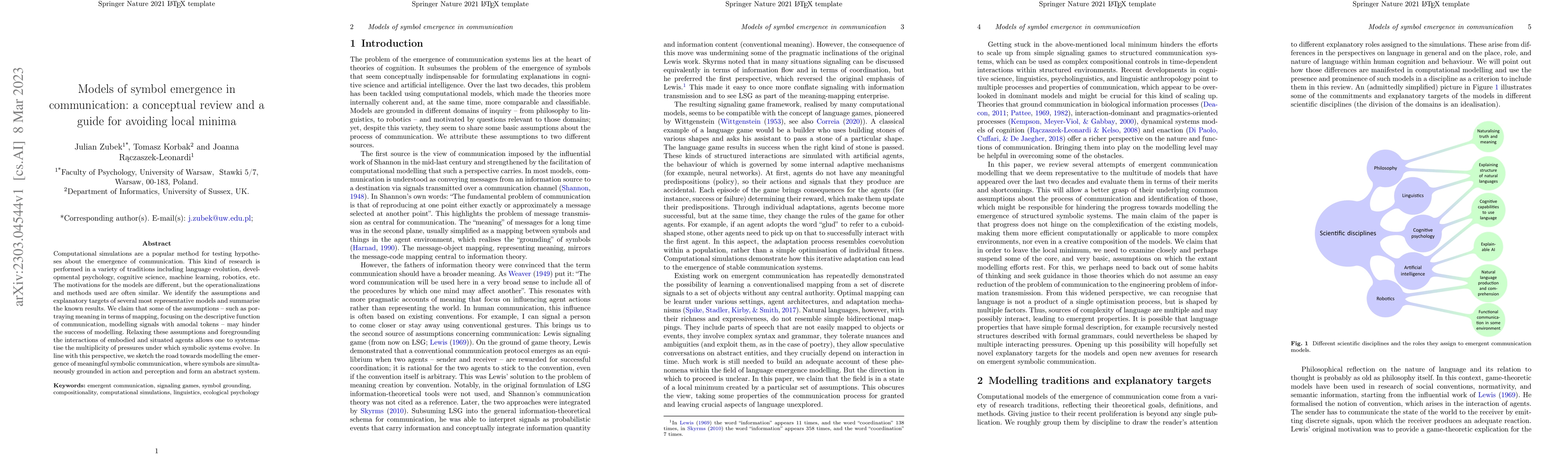 Thumbnail for Models of symbol emergence in communication: a conceptual review and a
  guide for avoiding local minima