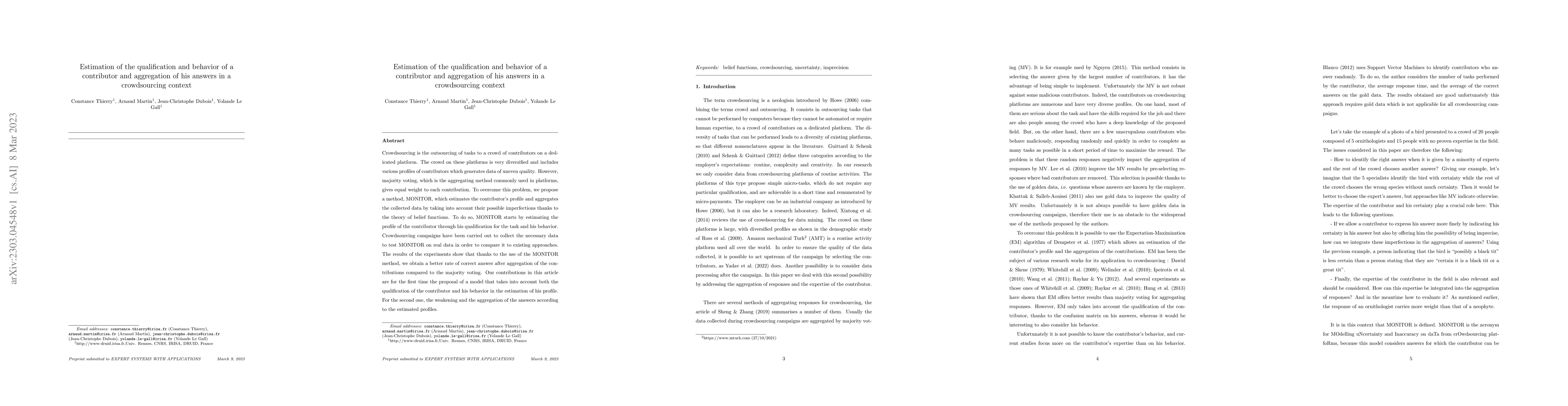 Thumbnail for Estimation of the qualification and behavior of a contributor and
  aggregation of his answers in a crowdsourcing context