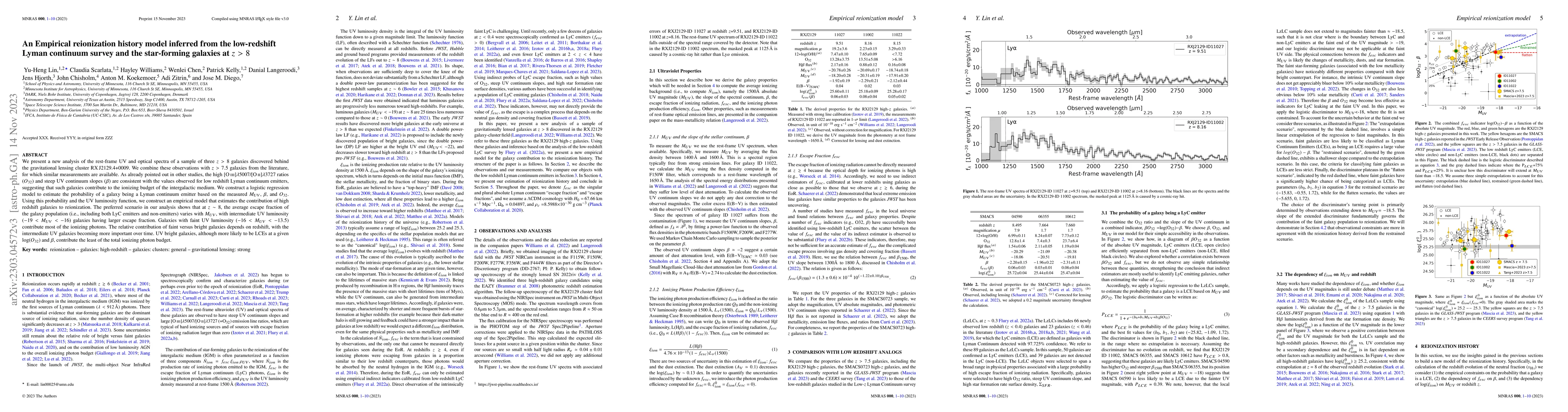 Thumbnail for An Empirical reionization history model inferred from the low-redshift
  Lyman continuum survey and the star-forming galaxies at $z>8$