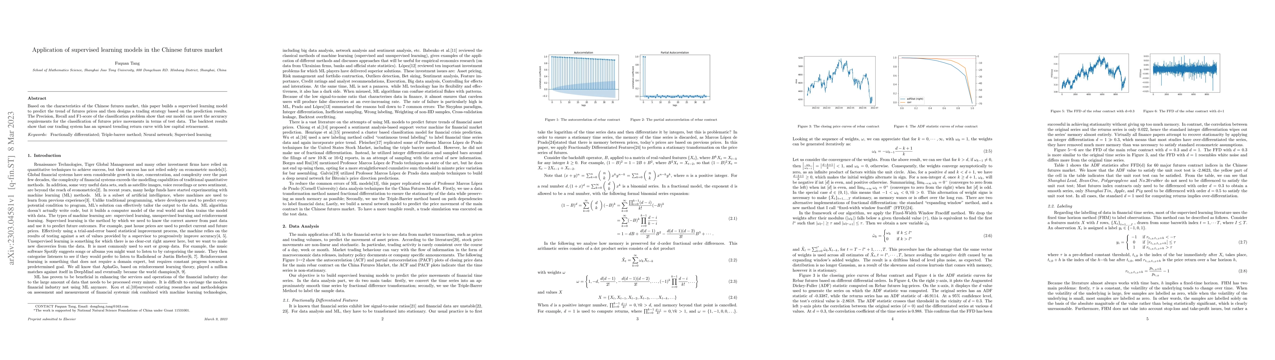 Thumbnail for Application of supervised learning models in the Chinese futures market