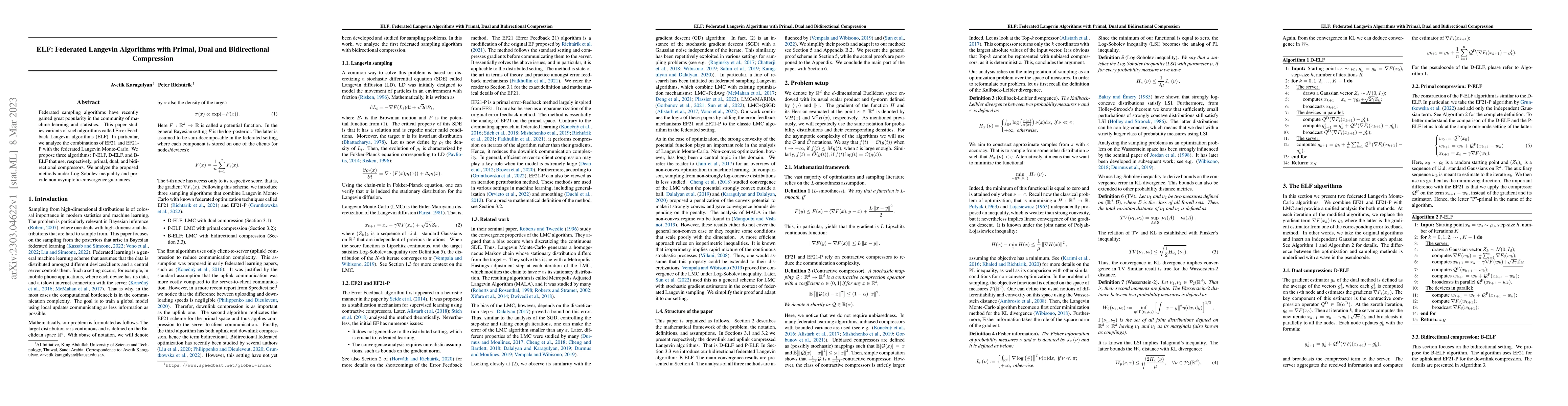 Thumbnail for ELF: Federated Langevin Algorithms with Primal, Dual and Bidirectional
  Compression