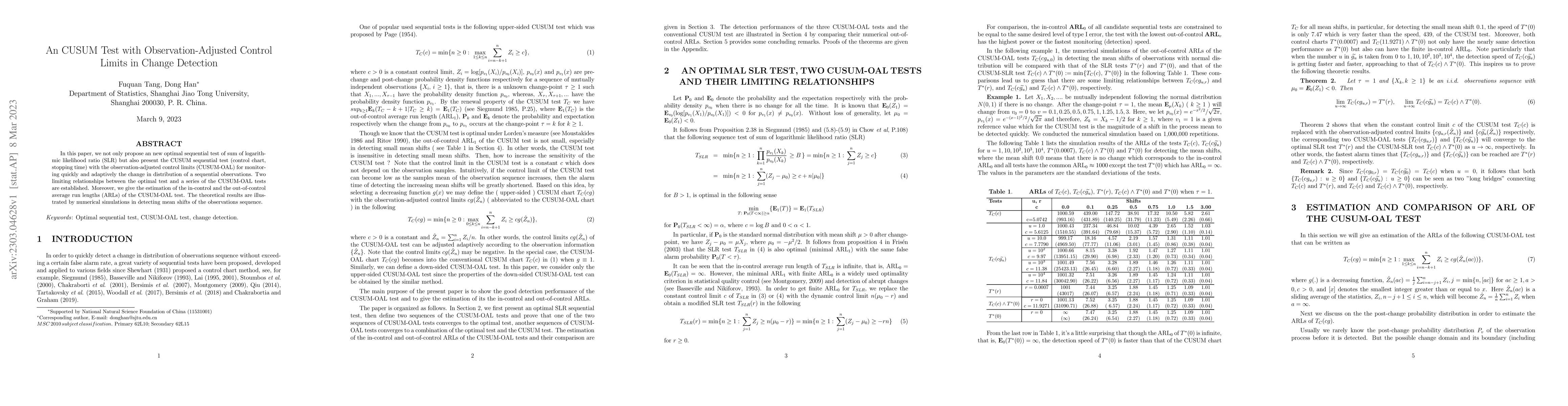 Thumbnail for An CUSUM Test with Observation-Adjusted Control Limits in Change
  Detection