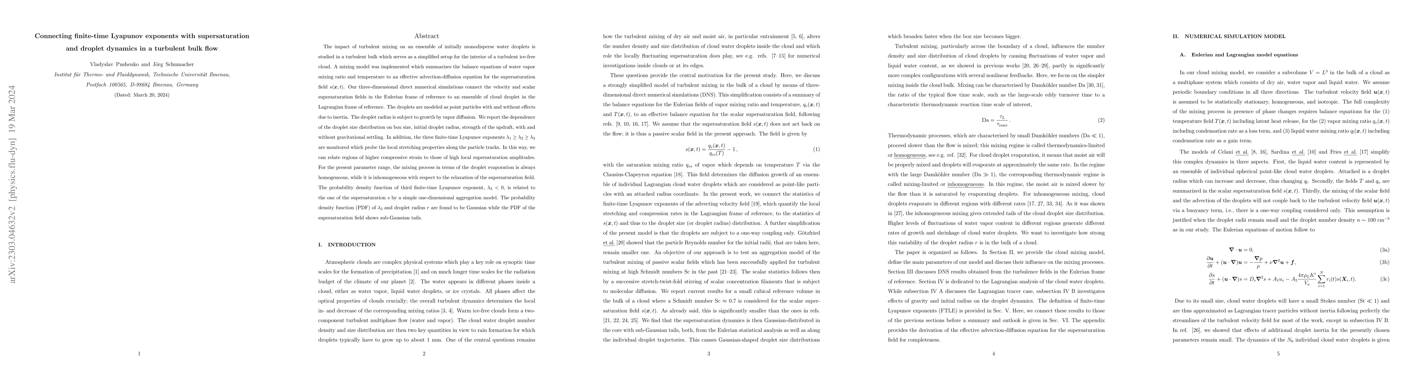 Thumbnail for Connecting finite-time Lyapunov exponents with supersaturation and
  droplet dynamics in the bulk of a turbulent cloud