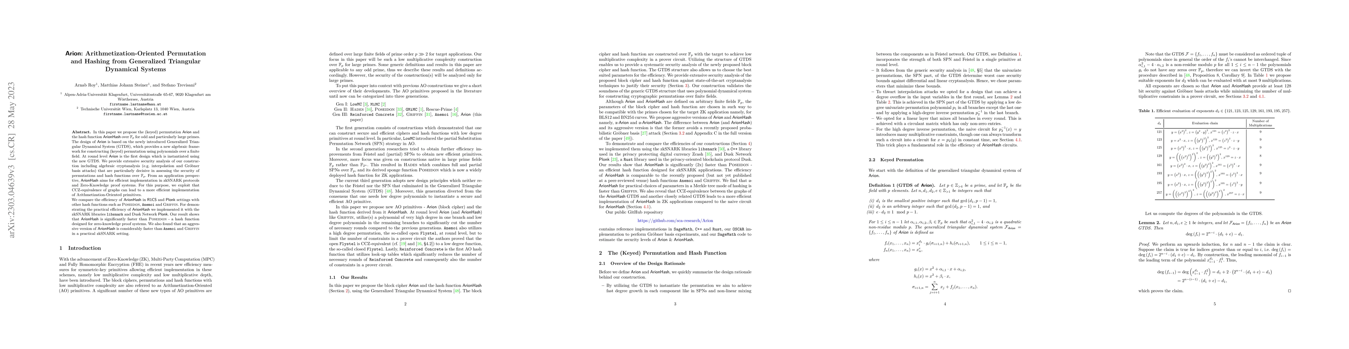 Thumbnail for Arion: Arithmetization-Oriented Permutation and Hashing from Generalized
  Triangular Dynamical Systems