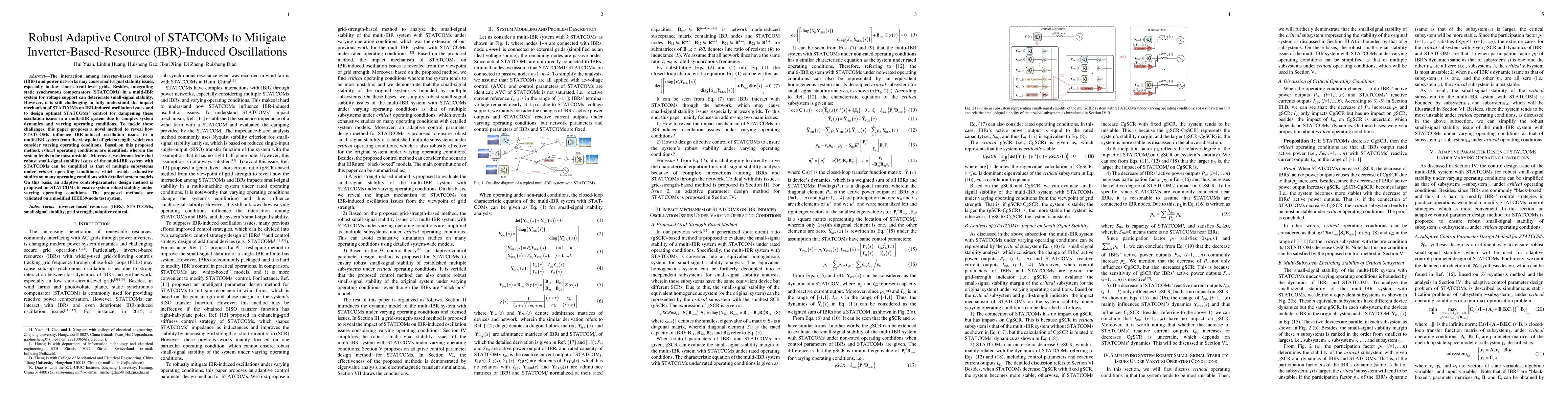 Thumbnail for Robust Adaptive Control of STATCOMs to Mitigate Inverter-Based-Resource
  (IBR)-Induced Oscillations