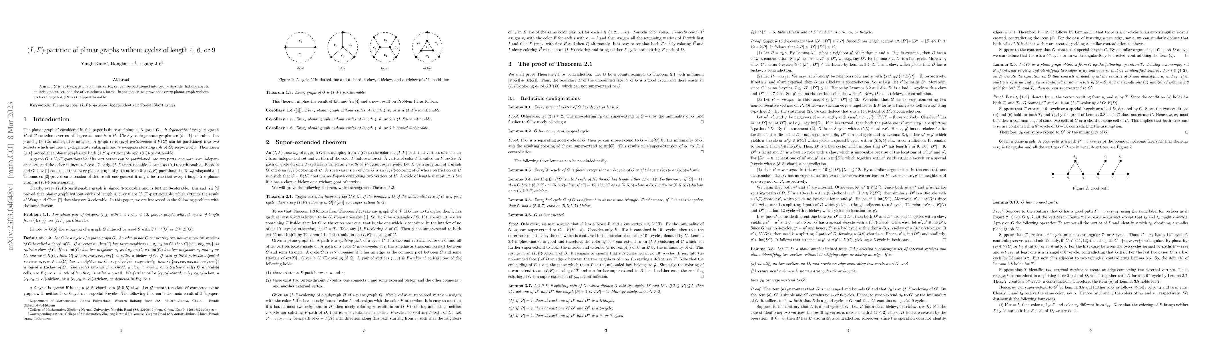 Thumbnail for (I,F)-partition of planar graphs without cycles of length 4, 6, or 9
