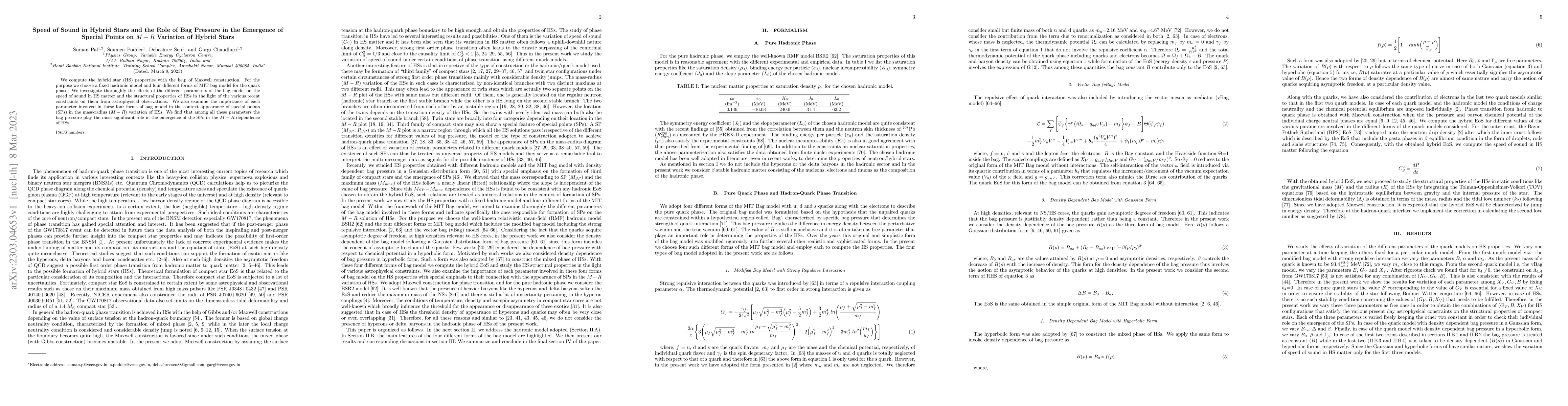 Thumbnail for Speed of Sound in Hybrid Stars and the Role of Bag Pressure in the
  Emergence of Special Points on M-R Variation of Hybrid Stars