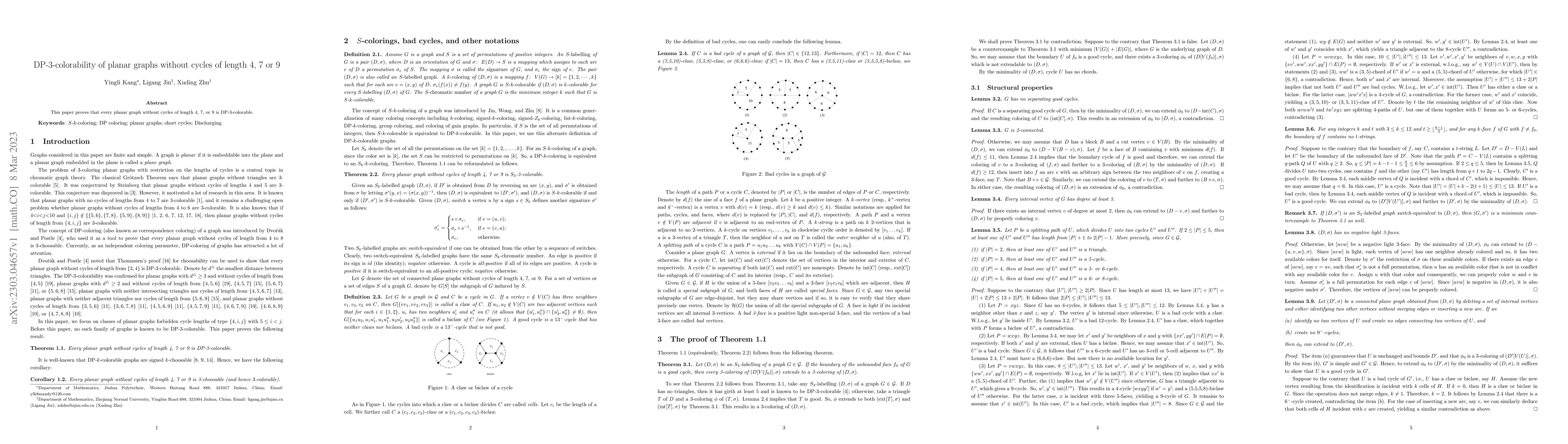 Thumbnail for DP-3-colorability of planar graphs without cycles of length 4, 7 or 9