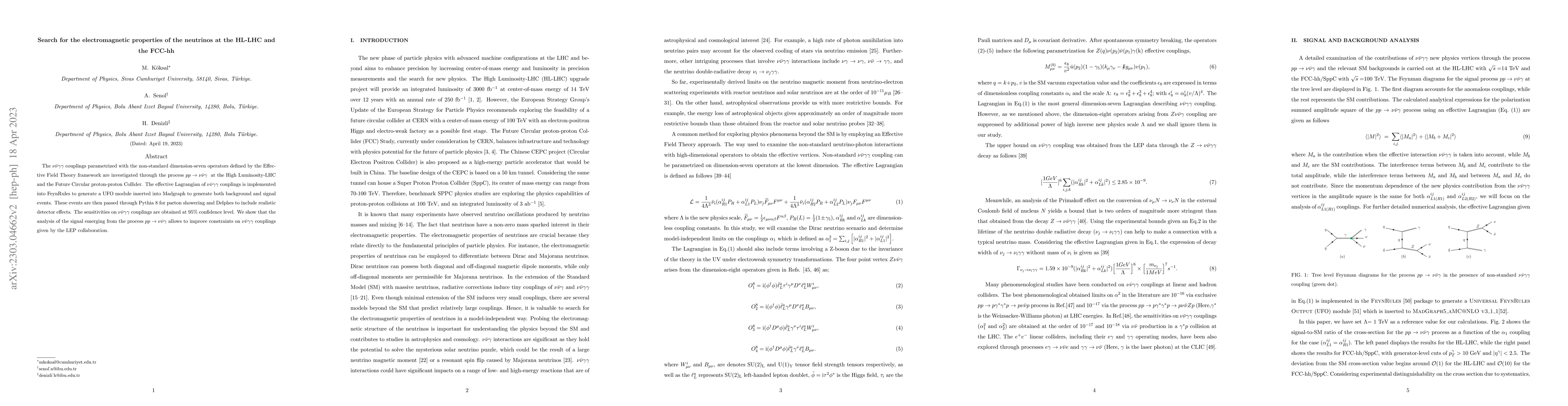 Thumbnail for Search for the electromagnetic properties of the neutrinos at the HL-LHC
  and the FCC-hh