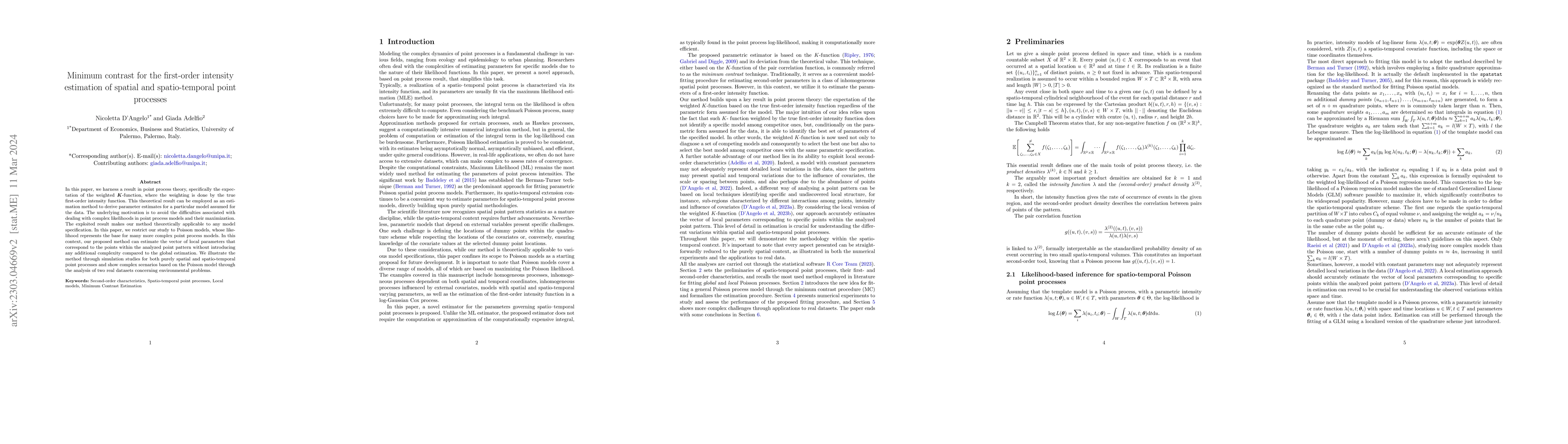 Thumbnail for Minimum contrast for the first-order intensity estimation of spatial and
  spatio-temporal point processes