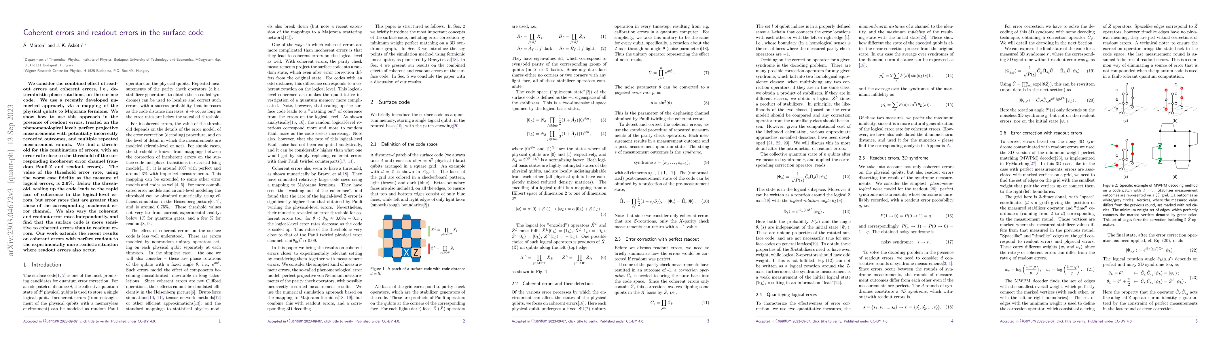 Thumbnail for Coherent errors and readout errors in the surface code