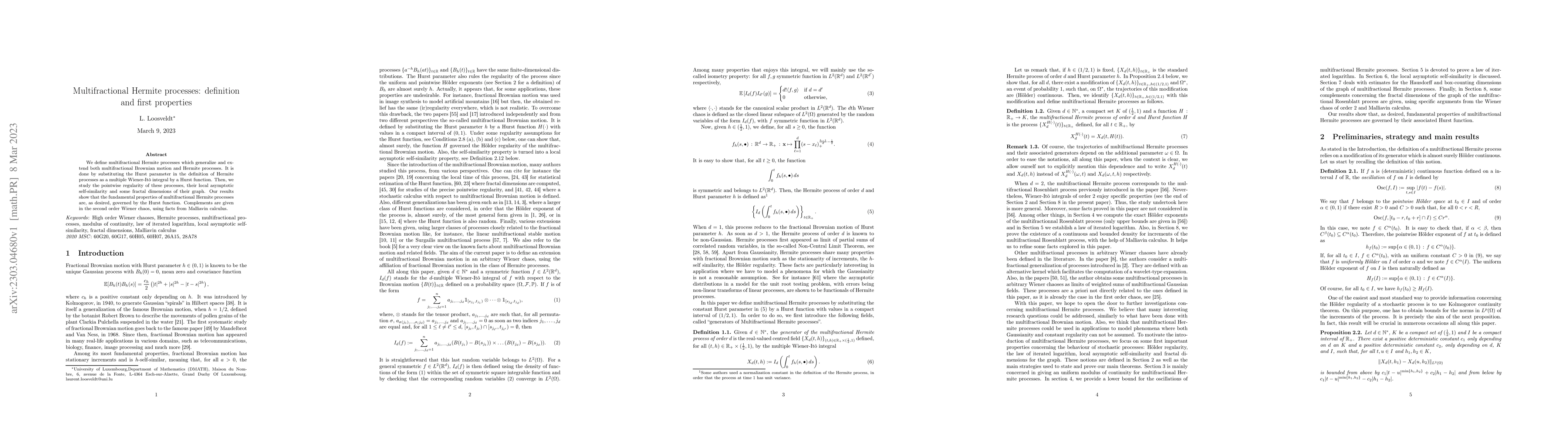 Thumbnail for Multifractional Hermite processes: definition and first properties