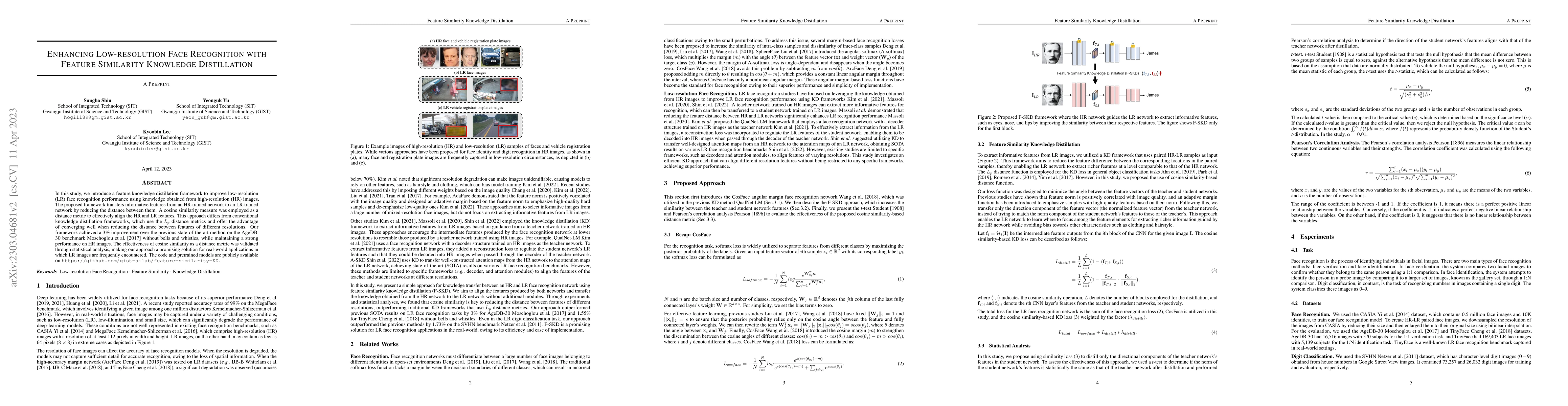 Thumbnail for Enhancing Low-resolution Face Recognition with Feature Similarity
  Knowledge Distillation