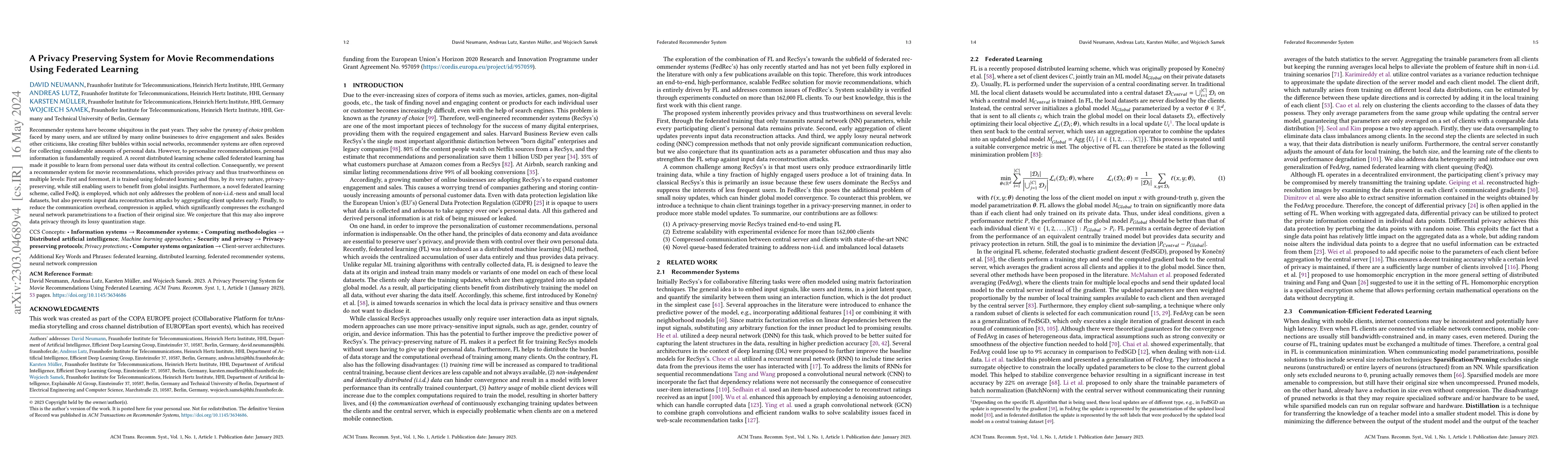 Thumbnail for A Privacy Preserving System for Movie Recommendations Using Federated
  Learning