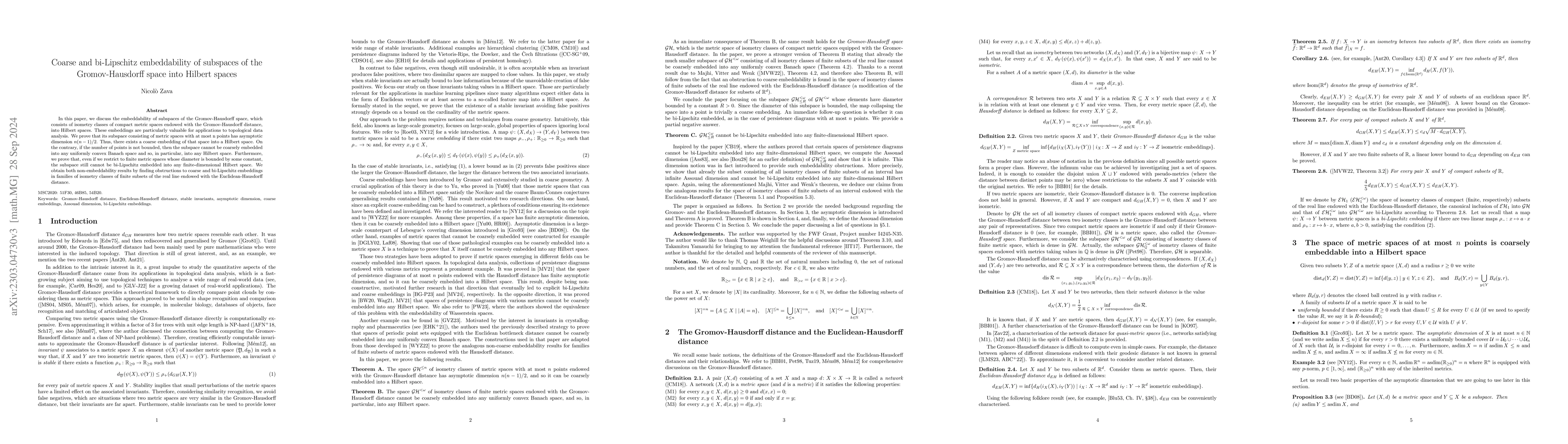 Thumbnail for Coarse and bi-Lipschitz embeddability of subspaces of the
  Gromov-Hausdorff space into Hilbert spaces