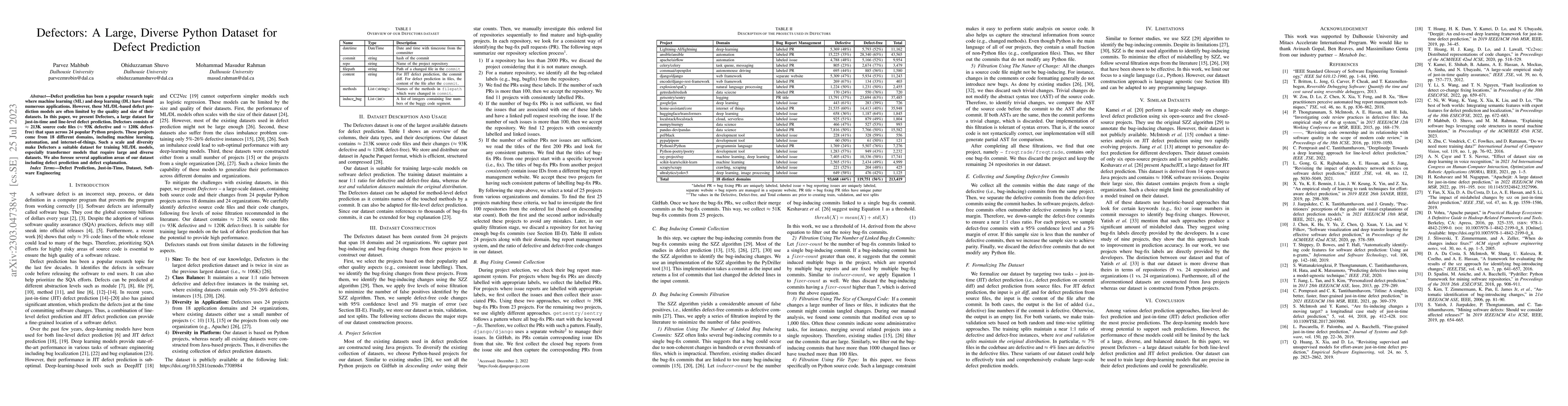 Thumbnail for Defectors: A Large, Diverse Python Dataset for Defect Prediction