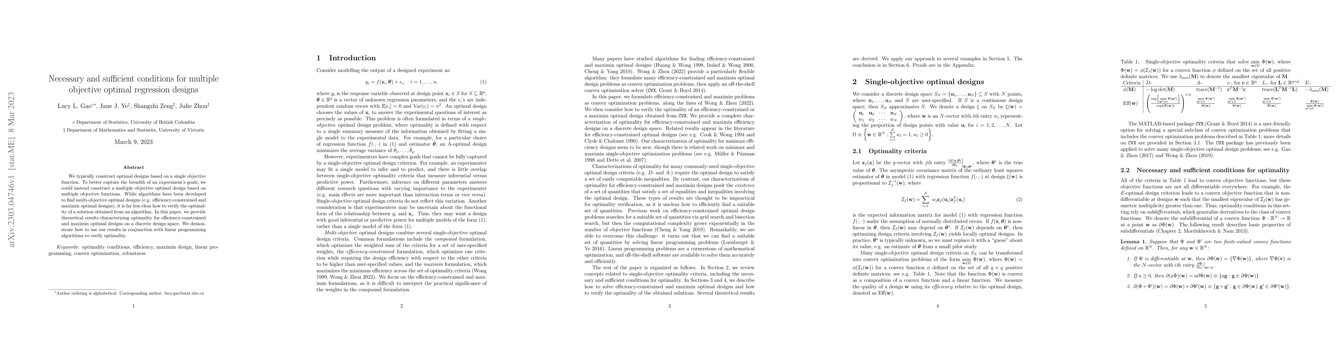 Thumbnail for Necessary and sufficient conditions for multiple objective optimal
  regression designs