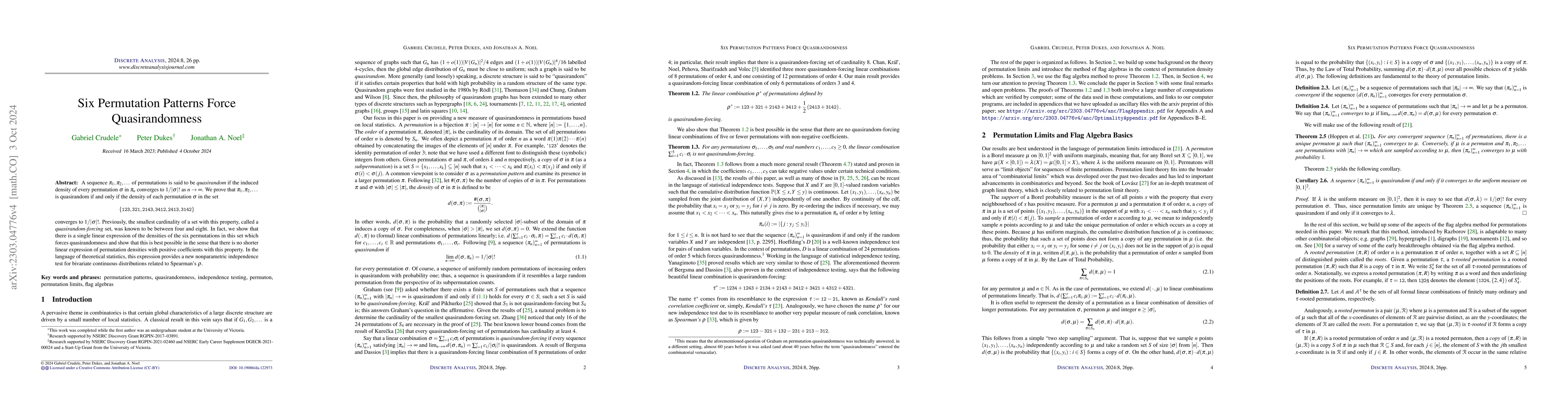 Thumbnail for Six Permutation Patterns Force Quasirandomness