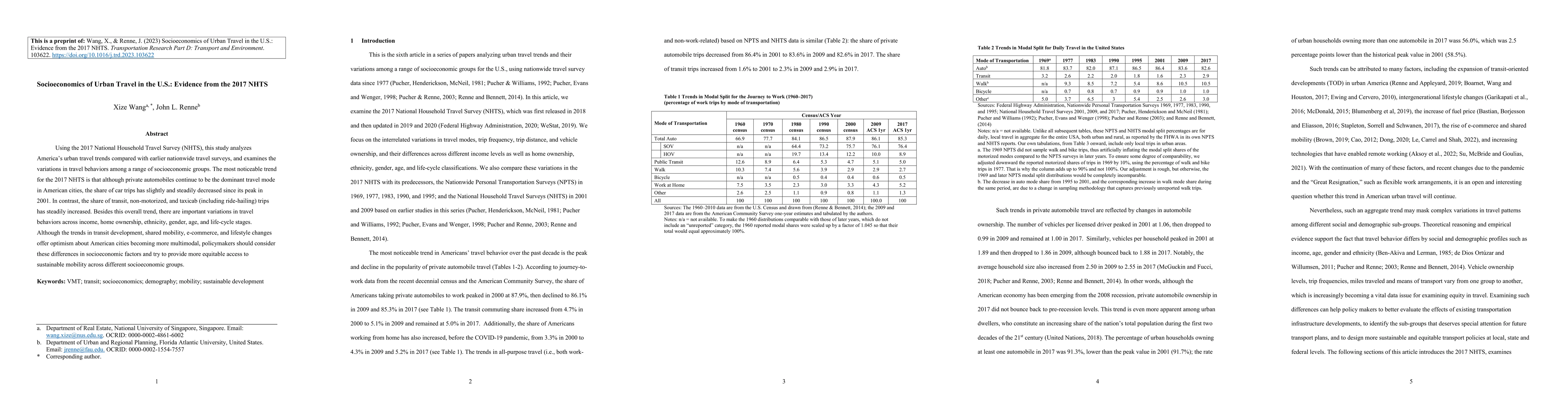 Thumbnail for Socioeconomics of Urban Travel in the U.S.: Evidence from the 2017 NHTS