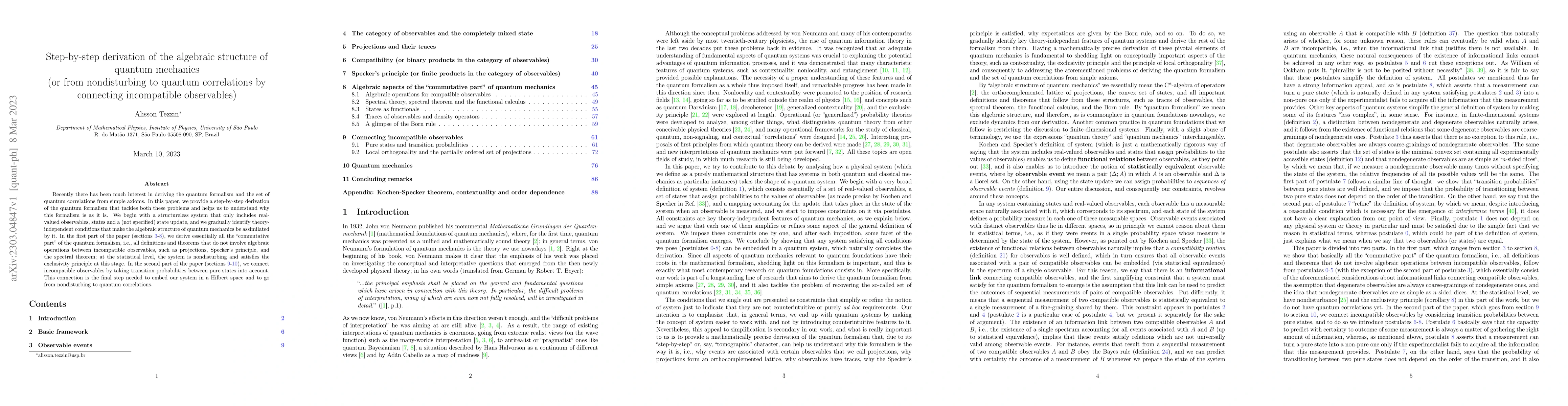 Thumbnail for Step-by-step derivation of the algebraic structure of quantum mechanics
  (or from nondisturbing to quantum correlations by connecting incompatible
  observables)