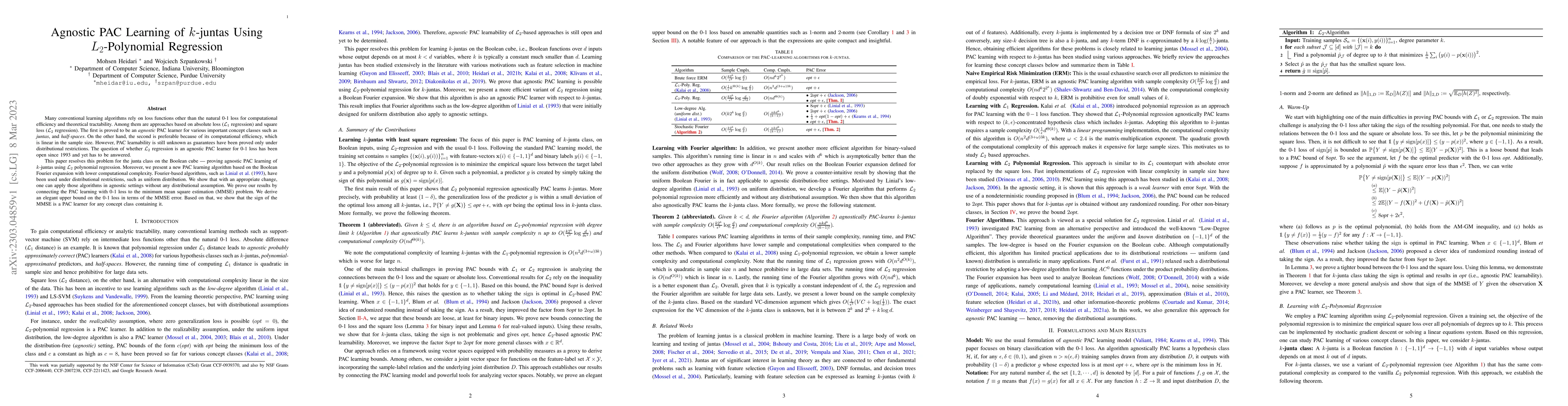 Thumbnail for Agnostic PAC Learning of k-juntas Using L2-Polynomial Regression